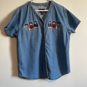 90s Embroidered Cool Cat Shirt Denim Granny Large Jean Blue Button Cottagecore